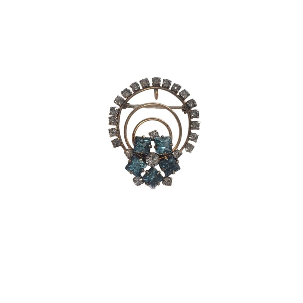 Brooch Or Pendant in Gold Tone with Clear & Teal Color Rhinestones